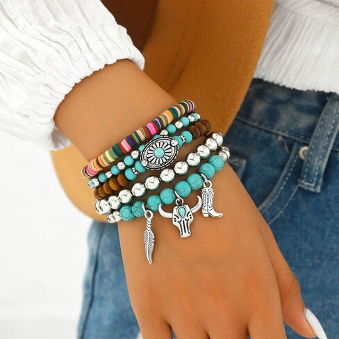 Volare Western Cowgirl Bracelets for Women Turquoise Beaded Stretch Bracelets Aztec Bull Head Cowboy Boots Feather Bracelets Set Western Cowgirl Jewelry Accessories for Women in Saudi Arabia