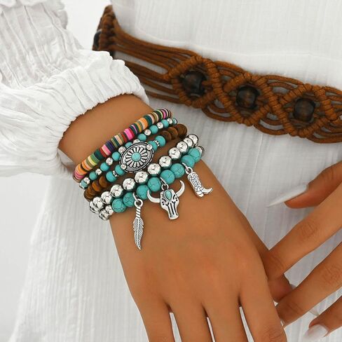 Volare Western Cowgirl Bracelets for Women Turquoise Beaded Stretch Bracelets Aztec Bull Head Cowboy Boots Feather Bracelets Set Western Cowgirl Jewelry Accessories for Women in Saudi Arabia