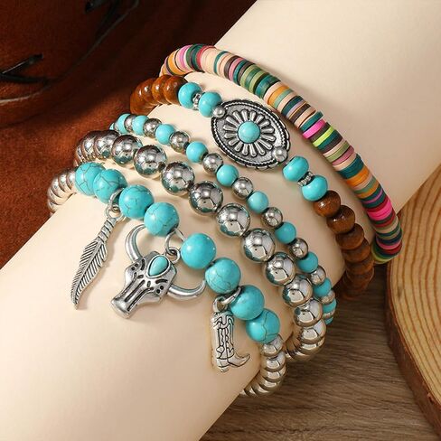 Volare Western Cowgirl Bracelets for Women Turquoise Beaded Stretch Bracelets Aztec Bull Head Cowboy Boots Feather Bracelets Set Western Cowgirl Jewelry Accessories for Women in Saudi Arabia