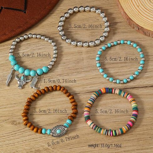 Volare Western Cowgirl Bracelets for Women Turquoise Beaded Stretch Bracelets Aztec Bull Head Cowboy Boots Feather Bracelets Set Western Cowgirl Jewelry Accessories for Women in Saudi Arabia