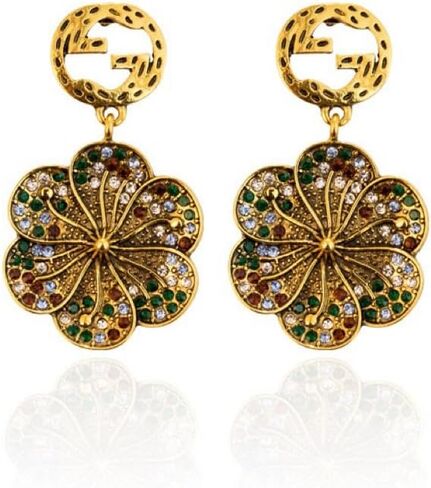 Vintage Floral Fashion Drop Earrings for Women, Gold Plated Dangle Earrings, Gold/green in Saudi Arabia
