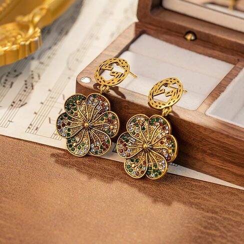 Vintage Floral Fashion Drop Earrings for Women, Gold Plated Dangle Earrings, Gold/green in Saudi Arabia