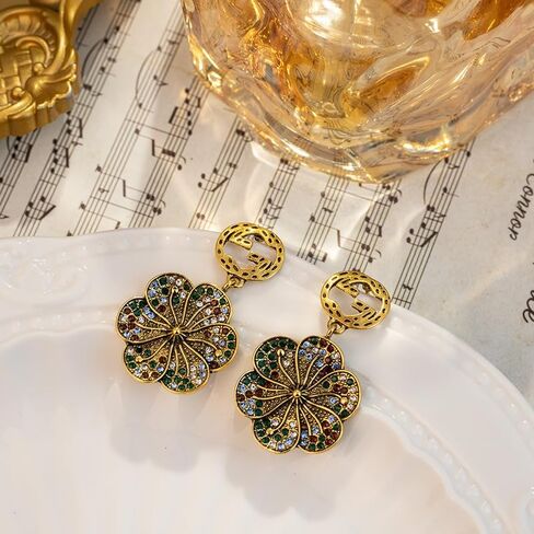 Vintage Floral Fashion Drop Earrings for Women, Gold Plated Dangle Earrings, Gold/green in Saudi Arabia