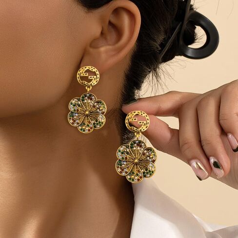 Vintage Floral Fashion Drop Earrings for Women, Gold Plated Dangle Earrings, Gold/green in Saudi Arabia