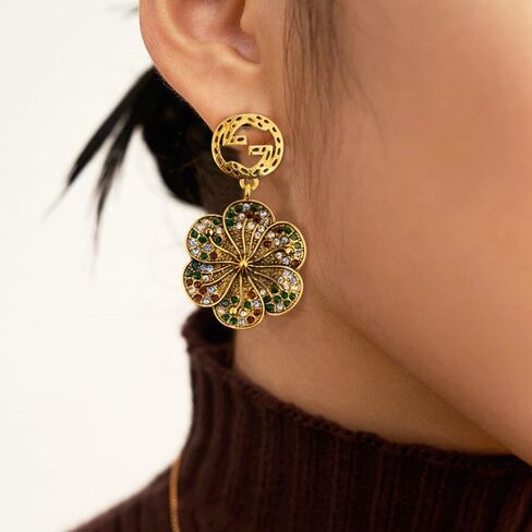 Vintage Floral Fashion Drop Earrings for Women, Gold Plated Dangle Earrings, Gold/green in Saudi Arabia