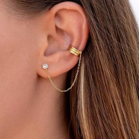 Ear Cuff 14k Dainty Gold/silver Earrings Tassel Chain Drop Dangle Small Hoop Clip Earrings, Chain Climber Crawler Earrings for Women Cartilage Double Holes Gifts Bff Birthday in Saudi Arabia