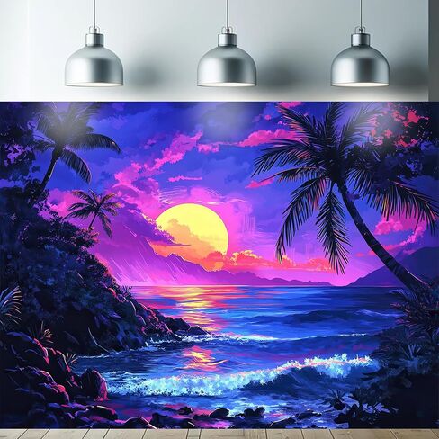 فناء بطيئة النجوم Blacklight Tapestry UV التفاعل الغروب الاستوائي الشاطئ Hawaii Tapestry Glow في الجدار المظلم معلق ملصق المناظر الطبيعية للمحيطات Trippy لغرفة النوم مسكن 78 × 59 بوصة in Kuwait