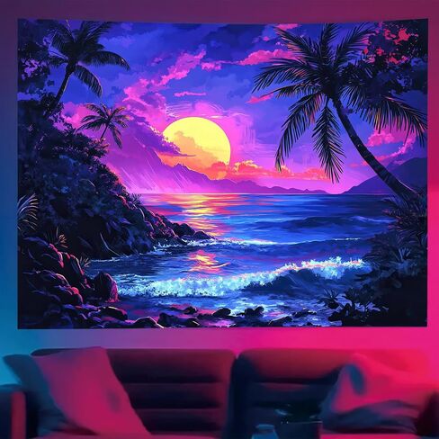 فناء بطيئة النجوم Blacklight Tapestry UV التفاعل الغروب الاستوائي الشاطئ Hawaii Tapestry Glow في الجدار المظلم معلق ملصق المناظر الطبيعية للمحيطات Trippy لغرفة النوم مسكن 78 × 59 بوصة in Kuwait