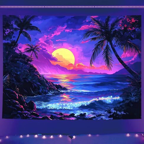 فناء بطيئة النجوم Blacklight Tapestry UV التفاعل الغروب الاستوائي الشاطئ Hawaii Tapestry Glow في الجدار المظلم معلق ملصق المناظر الطبيعية للمحيطات Trippy لغرفة النوم مسكن 78 × 59 بوصة in Kuwait