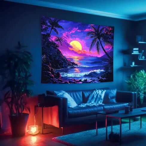 فناء بطيئة النجوم Blacklight Tapestry UV التفاعل الغروب الاستوائي الشاطئ Hawaii Tapestry Glow في الجدار المظلم معلق ملصق المناظر الطبيعية للمحيطات Trippy لغرفة النوم مسكن 78 × 59 بوصة in Kuwait
