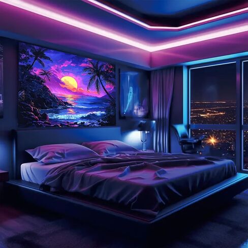 فناء بطيئة النجوم Blacklight Tapestry UV التفاعل الغروب الاستوائي الشاطئ Hawaii Tapestry Glow في الجدار المظلم معلق ملصق المناظر الطبيعية للمحيطات Trippy لغرفة النوم مسكن 78 × 59 بوصة in Kuwait