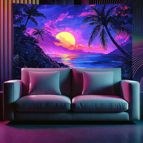 فناء بطيئة النجوم Blacklight Tapestry UV التفاعل الغروب الاستوائي الشاطئ Hawaii Tapestry Glow في الجدار المظلم معلق ملصق المناظر الطبيعية للمحيطات Trippy لغرفة النوم مسكن 78 × 59 بوصة in Kuwait