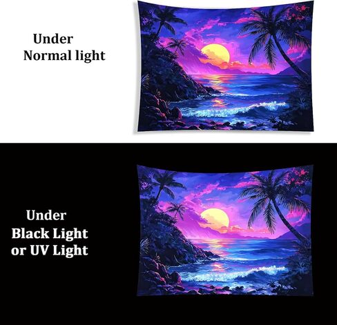 فناء بطيئة النجوم Blacklight Tapestry UV التفاعل الغروب الاستوائي الشاطئ Hawaii Tapestry Glow في الجدار المظلم معلق ملصق المناظر الطبيعية للمحيطات Trippy لغرفة النوم مسكن 78 × 59 بوصة in Kuwait