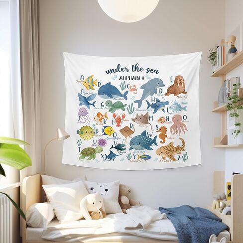 MNASAIOO Classroom Sea Animals Alphabet Wall Tapestry Hanging for Bedroom, Nursery Coastal Ocean Tapestries, Watercolor Cute Abc Beach Wall Decor Banner for Kids Playroom Preschool 50x60in in Saudi Arabia
