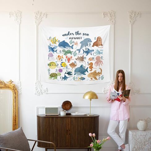 MNASAIOO Classroom Sea Animals Alphabet Wall Tapestry Hanging for Bedroom, Nursery Coastal Ocean Tapestries, Watercolor Cute Abc Beach Wall Decor Banner for Kids Playroom Preschool 50x60in in Saudi Arabia