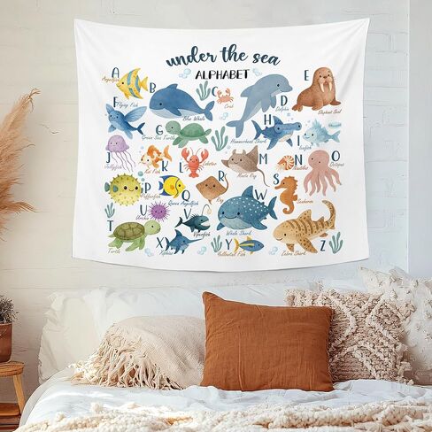 MNASAIOO Classroom Sea Animals Alphabet Wall Tapestry Hanging for Bedroom, Nursery Coastal Ocean Tapestries, Watercolor Cute Abc Beach Wall Decor Banner for Kids Playroom Preschool 50x60in in Saudi Arabia