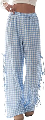 Women Y2k Plaid Print Long Pants Side Tie Bow Wide Leg Pants High Waist Gingham Trousers Lounge Pants in Saudi Arabia