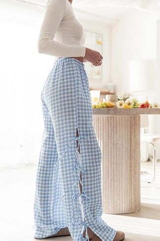 Women Y2k Plaid Print Long Pants Side Tie Bow Wide Leg Pants High Waist Gingham Trousers Lounge Pants in Saudi Arabia