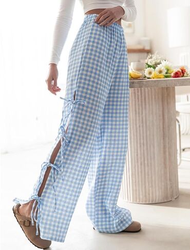 Women Y2k Plaid Print Long Pants Side Tie Bow Wide Leg Pants High Waist Gingham Trousers Lounge Pants in Saudi Arabia