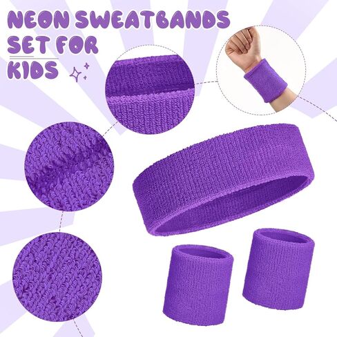 Bememo 36 Pcs Neon Sweatbands Set for Kids 24 Pcs Sports Wristbands 12 Football Tennis Headbands Neon Colorful Kids Sports Sweat Band for 80s Glow Party Basketball School Supplies(Neon) in Saudi Arabia