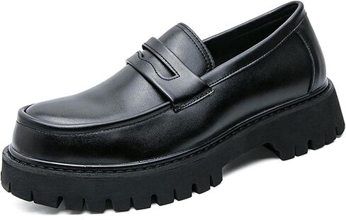Men's Black Leather Platform Chunky Slip-On Penny Loafers Classic Round Toe Lug Sole Fashion Business Casual Formal Work Shoes in Saudi Arabia