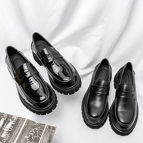 Men's Black Leather Platform Chunky Slip-On Penny Loafers Classic Round Toe Lug Sole Fashion Business Casual Formal Work Shoes in Saudi Arabia