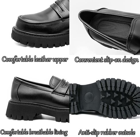 Men's Black Leather Platform Chunky Slip-On Penny Loafers Classic Round Toe Lug Sole Fashion Business Casual Formal Work Shoes in Saudi Arabia