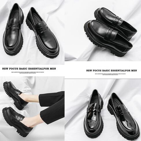 Men's Black Leather Platform Chunky Slip-On Penny Loafers Classic Round Toe Lug Sole Fashion Business Casual Formal Work Shoes in Saudi Arabia