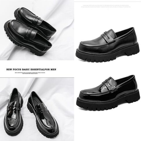 Men's Black Leather Platform Chunky Slip-On Penny Loafers Classic Round Toe Lug Sole Fashion Business Casual Formal Work Shoes in Saudi Arabia