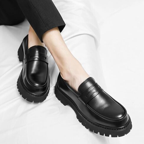 Men's Black Leather Platform Chunky Slip-On Penny Loafers Classic Round Toe Lug Sole Fashion Business Casual Formal Work Shoes in Saudi Arabia