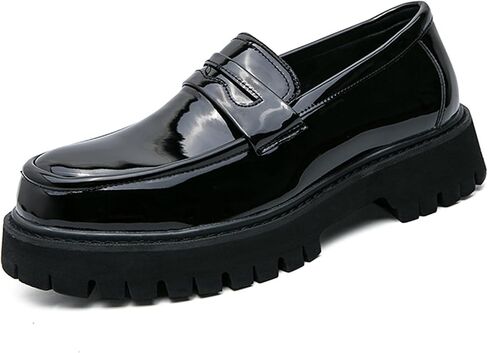 Men's Black Leather Platform Chunky Slip-On Penny Loafers Classic Round Toe Lug Sole Fashion Business Casual Formal Work Shoes in Saudi Arabia