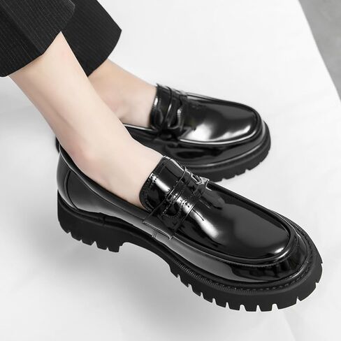 Men's Black Leather Platform Chunky Slip-On Penny Loafers Classic Round Toe Lug Sole Fashion Business Casual Formal Work Shoes in Saudi Arabia