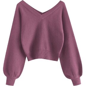 ZAFUL Women's Cropped Sweater V-Neck Long Sleeve Crop Sweater Pullover Jumper Knit Top (1-Stripewhite, S) in Kuwait