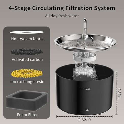 Cat Water Fountain Stainless Steel Lid, 3L/101oz Pet Water Fountain, Dog Water Fountain with Quiet Pump, Water Fountains for Cats Indoor with 4-Layer Filtration in Saudi Arabia