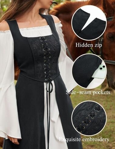 Scarlet Darkness Renaissance Dress Women Pirate Halloween Witchy Cosplay Overdress with Pockets in Saudi Arabia