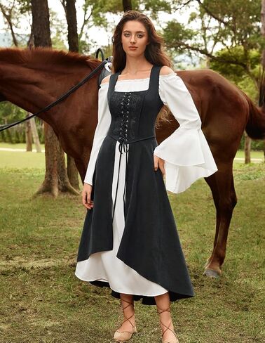 Scarlet Darkness Renaissance Dress Women Pirate Halloween Witchy Cosplay Overdress with Pockets in Saudi Arabia