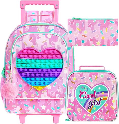 4PCS Love Rolling Backpack for Girls - Cute Wheeled School Set with Lunch Box,Water Resistant Roller School Backpack on Wheels for Elementary Kids Travel in Saudi Arabia