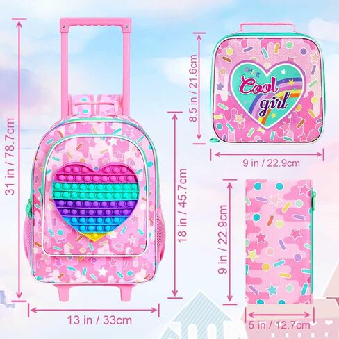 4PCS Love Rolling Backpack for Girls - Cute Wheeled School Set with Lunch Box,Water Resistant Roller School Backpack on Wheels for Elementary Kids Travel in Saudi Arabia