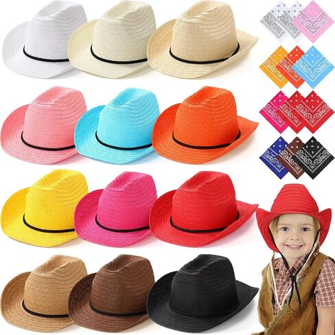SATINIOR 12 Set Kid Straw Cowboy Hats with Bandanas Cowboy Costume Bandanas for Western Party Kid Costume (Beige, Khaki, Brown) in Saudi Arabia