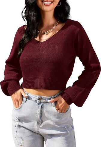 ZAFUL Women's Cropped Sweater V-Neck Long Sleeve Crop Sweater Pullover Jumper Knit Top (1-Stripewhite, S) in Saudi Arabia
