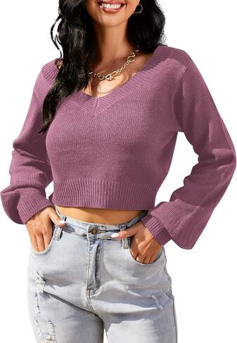 ZAFUL Women's Cropped Sweater V-Neck Long Sleeve Crop Sweater Pullover Jumper Knit Top (1-Stripewhite, S) in Kuwait