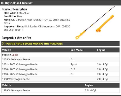 Oil Dipstick and Tube Set - Compatible with 1998-2005 Volkswagen Beetle 2.0L 4-Cylinder in Saudi Arabia