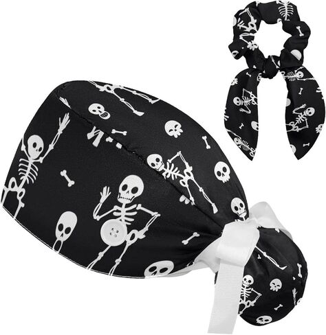 Halloween Skeleton Pattern Scrub Caps Surgical Women with Button Adjustable Hats Surgical Caps with Scrunchie for Women in Saudi Arabia