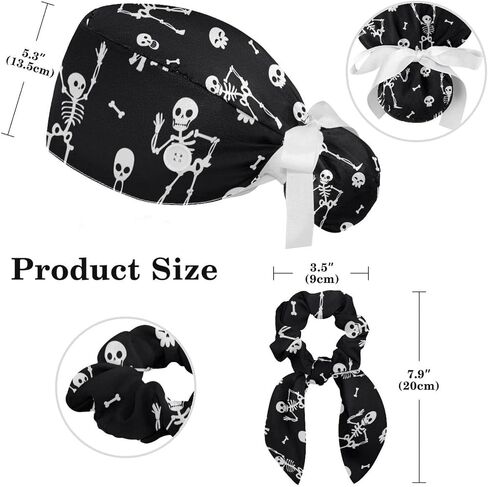 Halloween Skeleton Pattern Scrub Caps Surgical Women with Button Adjustable Hats Surgical Caps with Scrunchie for Women in Saudi Arabia