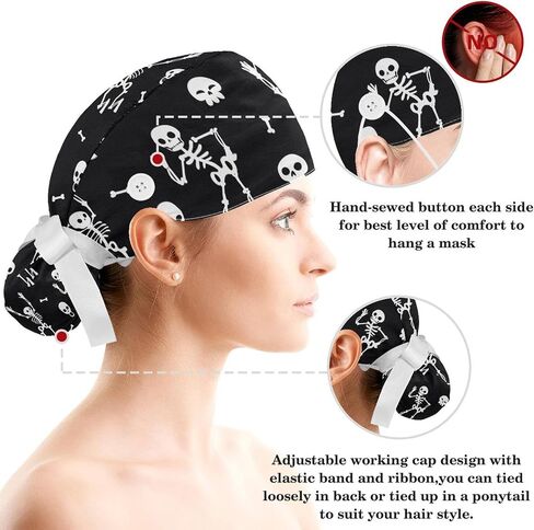 Halloween Skeleton Pattern Scrub Caps Surgical Women with Button Adjustable Hats Surgical Caps with Scrunchie for Women in Saudi Arabia