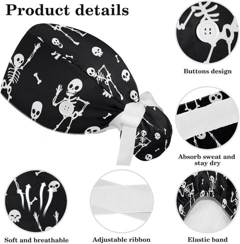Halloween Skeleton Pattern Scrub Caps Surgical Women with Button Adjustable Hats Surgical Caps with Scrunchie for Women in Saudi Arabia
