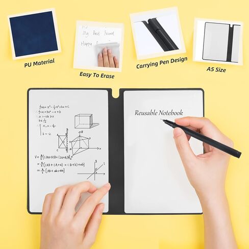 Reusable A5 Dry Erase Notebook Include a Wipeable Pen and Rag,9.5x6.5 Inch Erasable Notebook Whiteboard Notebook,Wipeable Notebook PU Hardcover for Office and Taking Notes(Black) in Kuwait