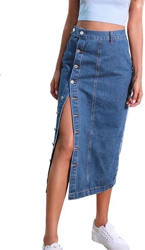 Sexyshine Women's High Waist Midi Denim Skirt Chic Side Button Up High Slit Bodycon Jean Pencil Dress in Saudi Arabia