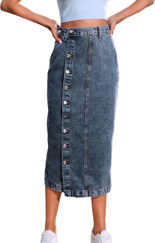 Sexyshine Women's High Waist Midi Denim Skirt Chic Side Button Up High Slit Bodycon Jean Pencil Dress in Saudi Arabia