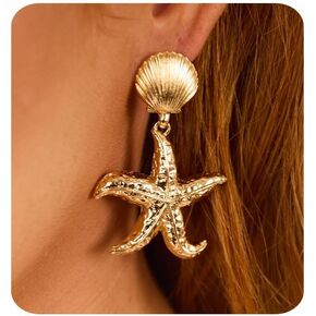 أقراط ذهبية مكتنزة للنساء العصرية 14K الذهب مطلي بالماء بيان النجوم إسقاط قطرة متدلية الأقطاب Hypoallergenic الصدف الصوري الشاطئ in Kuwait